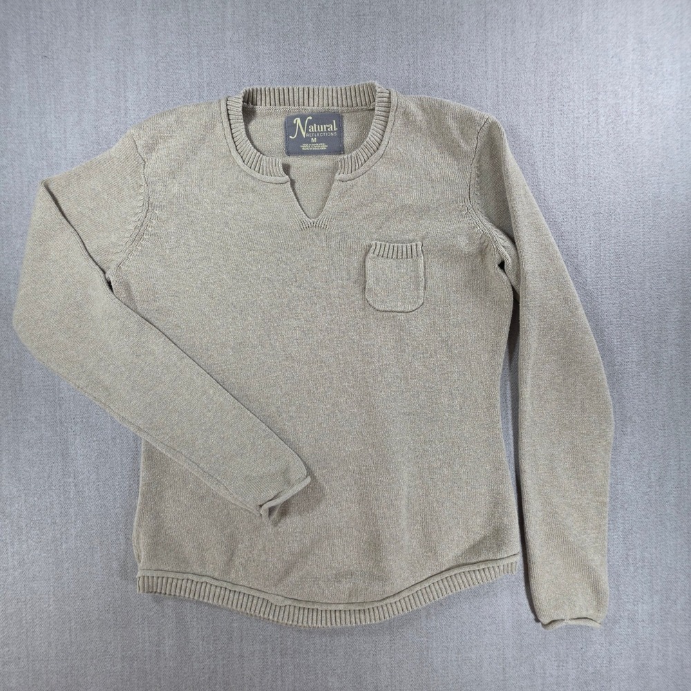 Natural Reflections Sweater Women Medium Tan Split Neck Long Sleeve Knit Pocket